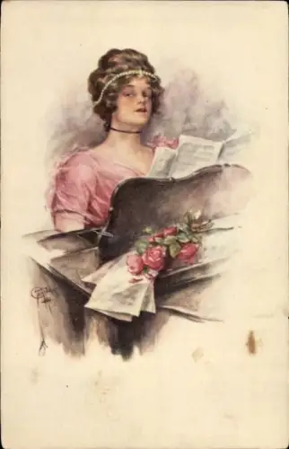 Künstler Ak Junge Frau am Klavier, Portrait