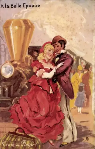 Künstler Ak A la Belle Epoque, Train de Plaisir, Dampflok, Liebespaar