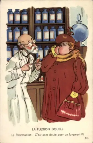 Künstler Ak Frau in der Apotheke, Humor