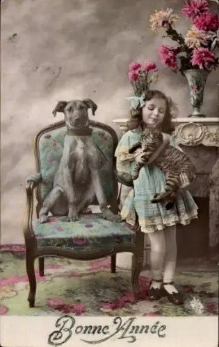Ak Glückwunsch Neujahr, Mädchen mit Katze, Hund