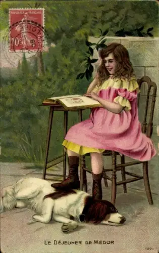Ak Mädchen im Garten, Buch, Schlafender Hund