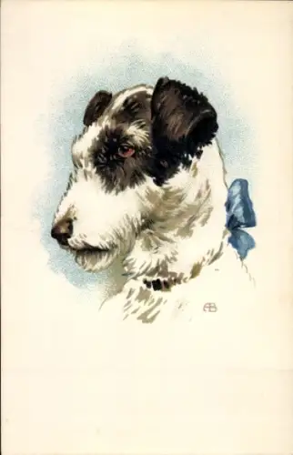 Künstler Ak Terrier, Hundeportrait, blaue Schleife