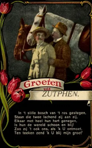 Gedicht Passepartout Ak Zutphen Gelderland, Grüße aus, Liebespaar mit Pferden