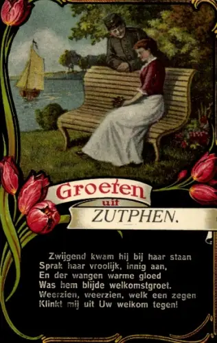 Gedicht Passepartout Ak Zutphen Gelderland, Grüße aus, Liebespaar, Soldat