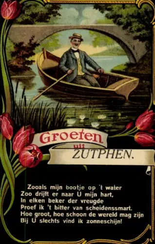 Gedicht Passepartout Ak Zutphen Gelderland, Grüße aus, Mann im Ruderboot