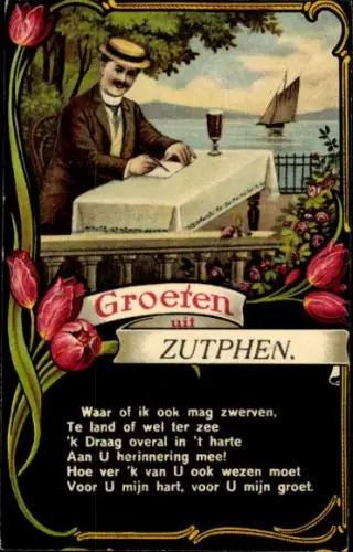 Litho Zutphen Gelderland, Mann mit Weinglas, Segelboot