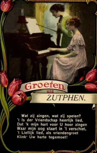 Gedicht Passepartout Ak Zutphen Gelderland Niederlande, Grüße aus, Musizierende Frauen