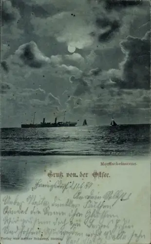Mondschein Ak Ostsee, Dampfer, Segelboote