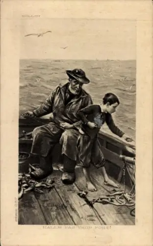 Künstler Ak Fischer mit Kind, Boot, Fische