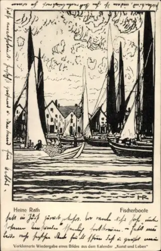 Künstler Ak Rath, Heine, Fischerboote, Segelboote, Häuser