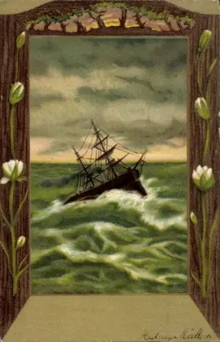 Passepartout Ak Segelschiff, Brandung, Blumen
