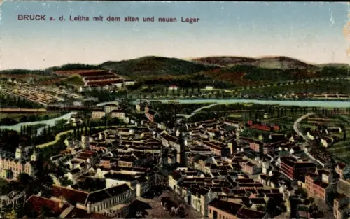 Ak Bruck an der Leitha in Niederösterreich, Gesamtansicht mit dem alten und neuen Lager