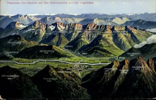 Landkarten Ak Admont Steiermark, Panorama mit den Hallermauern, Vogelschau