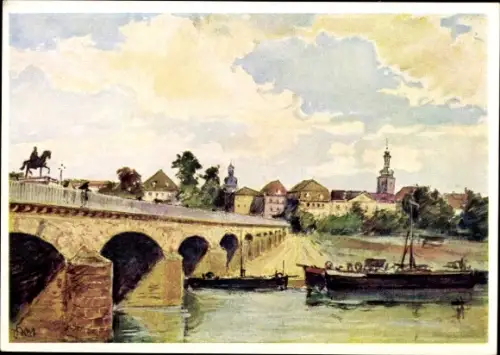 Künstler Ak Graf, Karl, Saarbrücken, Kanalpartie mit Brücke und Stadt