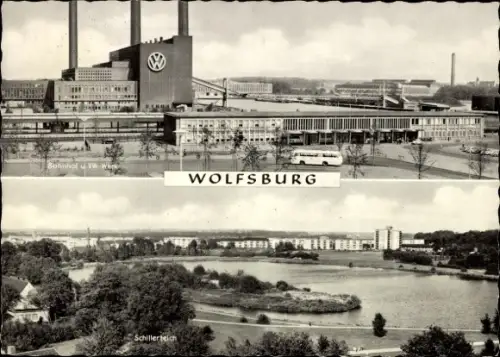 Ak Wolfsburg in Niedersachsen,  Bahnhof, VW-Werke, VW-Logo, Schillerteich