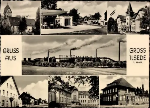 Ak Groß Ilsede in Niedersachsen, Evang. Kirche, Eichstraße, Ilseder Hütte, Volksschule, Groß Ilse