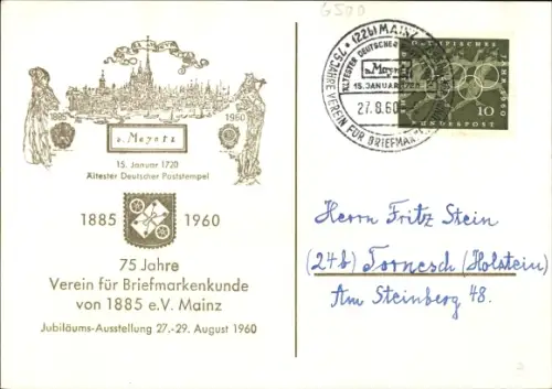 Ak Mainz am Rhein, Mainz Mayntz, Poststempel 15.1.1720, 75 Jahre Verein f. Briefmarkenkunde, Auss