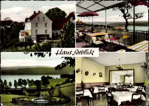 Ak Langscheid am Sorpesee Sundern im Sauerland, Sorpesee, Haus Seeblick, Terrasse mit Tischen, Sp