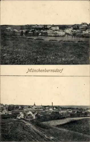 Ak Münchenbernsdorf in Thüringen,  Dorfpanorama, Kirchturm, Fabrikschornstein