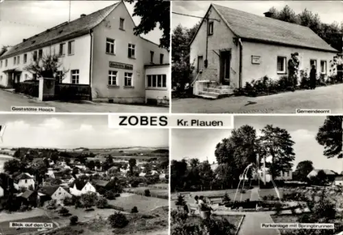 Ak Zobes Neuensalz im Vogtland, Zobes (Kr. Plauen), Gaststätte Hoock, Gemeindeamt, Blick auf den 