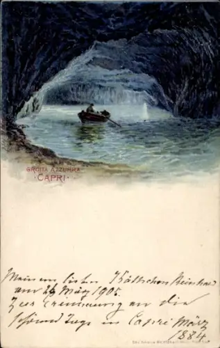 Litho Capri Neapel Campania, Grotta Azzurra, Ruderboot in der Blauen Grotte