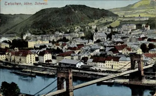 Ak Děčín Tetschen an der Elbe Region Aussig, Gesamtansicht, Brücke