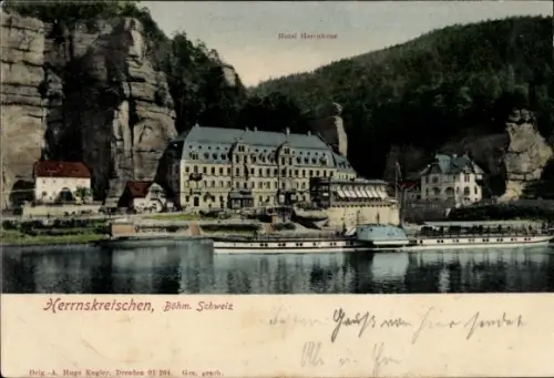 Ak Hřensko Herrnskretschen Elbe Region Aussig, Teilansicht, Hotel Herrnhaus