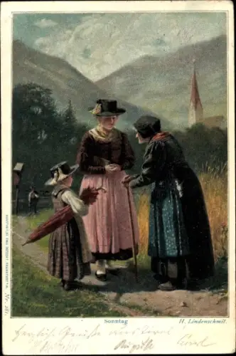 Künstler Ak Lindenschmit, H., Sonntag, Kirchgang, Berge