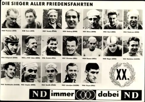 Ak Sieger aller Friedensfahrten, Radrennfahrer, Täve Schur, Ampler, Krolak, Neues Deutschland, DDR