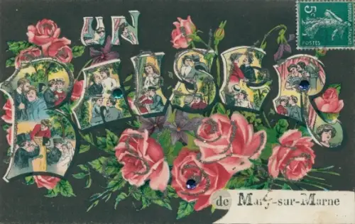 Glitzer Ak Mary sur Marne Seine et Marne, un Baiser, Roses, couples