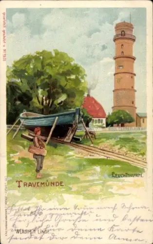 Künstler Ak Linde, W., Ostseebad Travemünde Lübeck, Leuchtturm