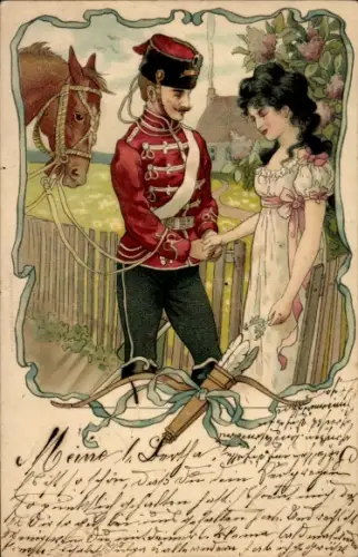 Litho Husar mit einer Frau, Pferd