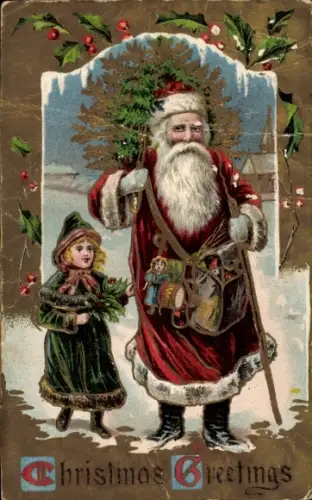 Ak Glückwunsch Weihnachten, Weihnachtsmann, Kind, Stechpalme