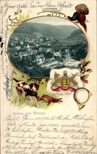 Präge Passepartout Ak Hirsau Calw im Schwarzwald, Gesamtansicht, Jagdhund, Wappen