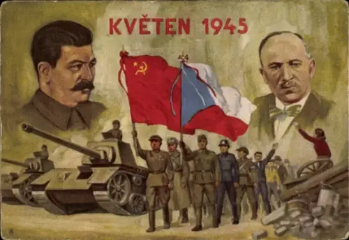 Künstler Ak April 1945, Josef Stalin, Edvard Beneš, Sieg über Deutschland