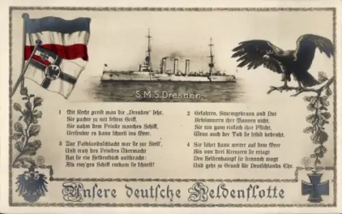 Ak Deutsches Kriegsschiff, SMS Dresden, Gedichtstrophen, Kaiserliche Marine