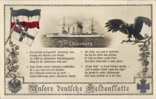 Ak Deutsches Kriegsschiff, S.M.S. Nürnberg, Gedicht, Heldenflotte