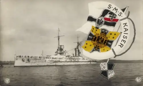 Ak Deutsches Kriegsschiff, SMS Kaiser, Kaiserliche Marine, Fahnen, NPG, GLK