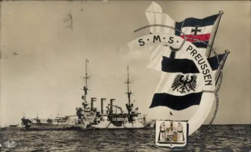 Ak Deutsches Kriegsschiff, SMS Preußen, Linienschiff, Fahnen, Kaiserliche Marine