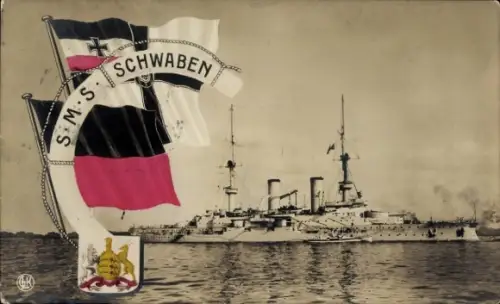 Ak Deutsches Kriegsschiff, SMS Schwaben, Kaiserliche Marine, Fahnen, Wappen, GLK