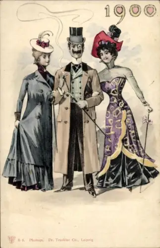 Künstler Ak Rauchender Mann mit zwei Damen, Damenmode, 1900