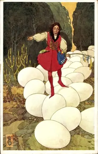 Künstler Ak Glückwunsch Ostern, Mann auf Eiern, tschechische Tracht