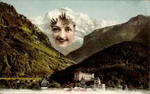 Ak Interlaken Kanton Bern Schweiz, Blick auf den Ort, Jungfrau, Berggesicht