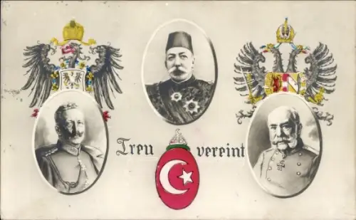 Ak Treu vereint, Kaiser Wilhelm II, Kaiser Franz Joseph I, Sultan Mehmed V.