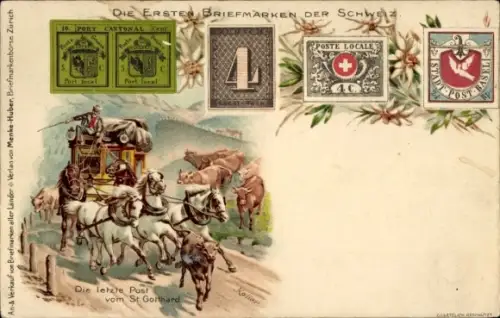 Briefmarken Litho Schweiz, Die letzte Post vom St. Gotthard, Postkutsche