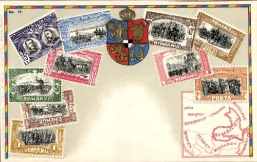 Briefmarken Präge Wappen Ak Rumänien, Landkarte mit Kaiserreich Österreich Ungarn