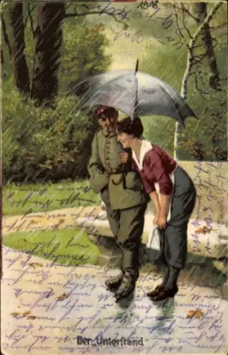 Künstler Ak Der Unterstand, Soldat hält Frau den Regenschirm, Immer Fachmann, I. WK