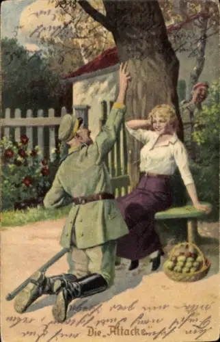 Künstler Ak Immer Fachmann, Die Attacke, Heiratsantrag, Soldat, Kniefall, Blondine, I. WK