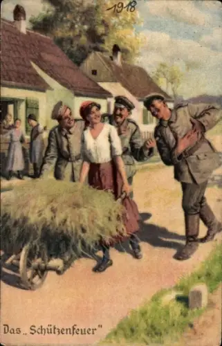 Ak Immer Fachmann, Nr. 9 Das Schützenfeier, Soldaten, Frau mit Heukarre