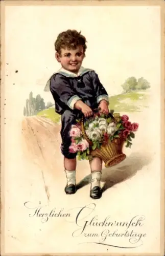 Ak Glückwunsch Geburtstag, Gratulant, Blumenkorb